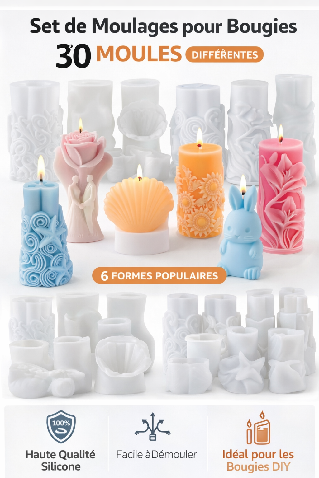 30 Silicone Molds for DIY Candles, Soap & Resin – 6 Unique Shapes (5 Each)